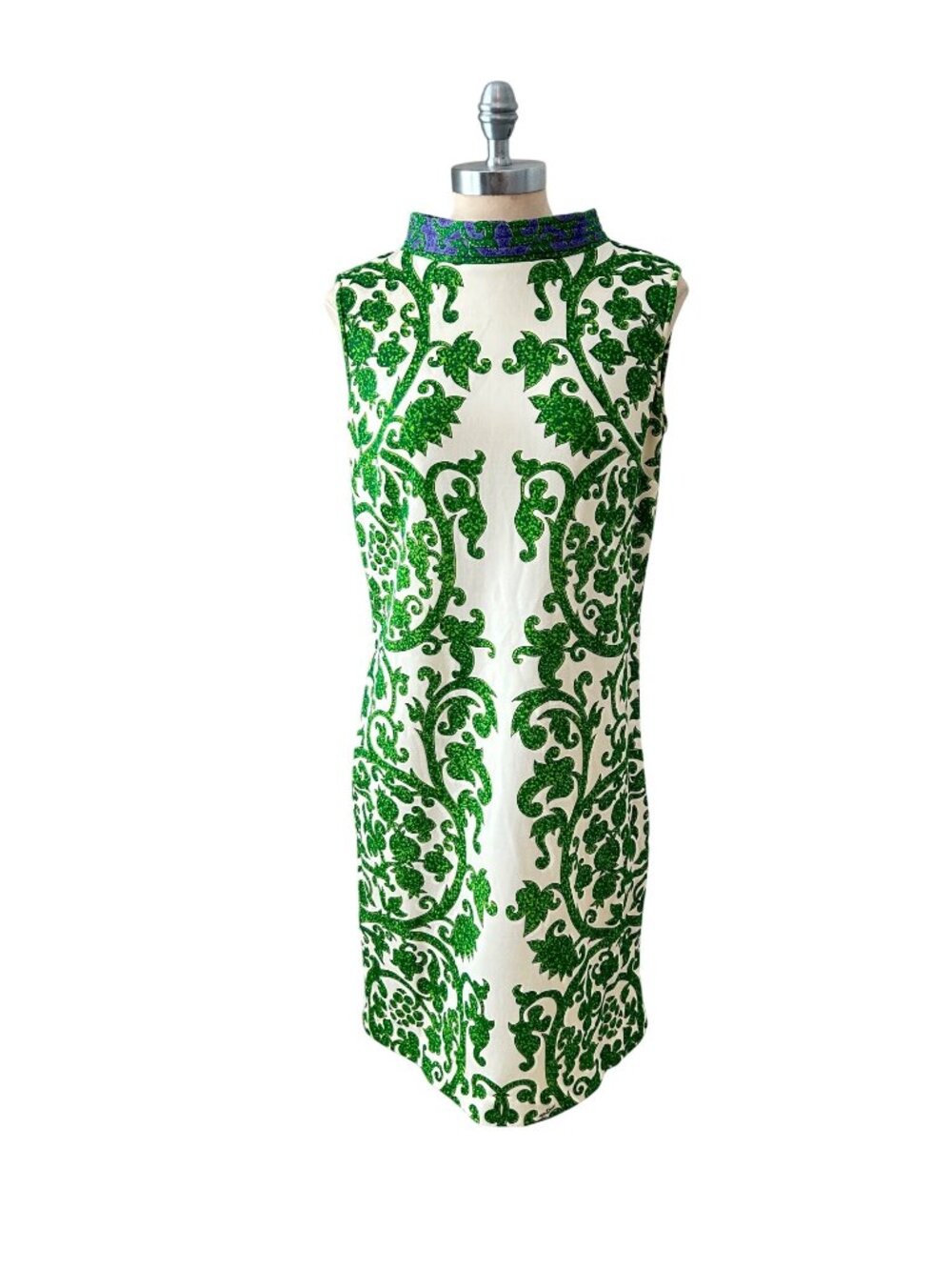 Sleeveless White Dress with Green Baroque Embroidery